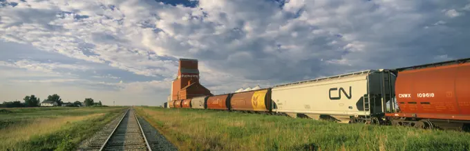 Grain Elevator and CN Rail train near Regina, Saskatchewan, Canada.