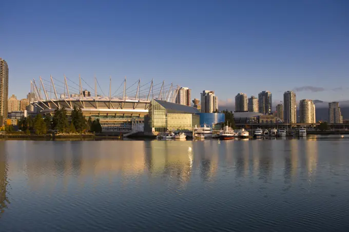 City skyline with new retractable roof on BC Place Stadium, False Creek, Vancouver, British Columbia, Canada