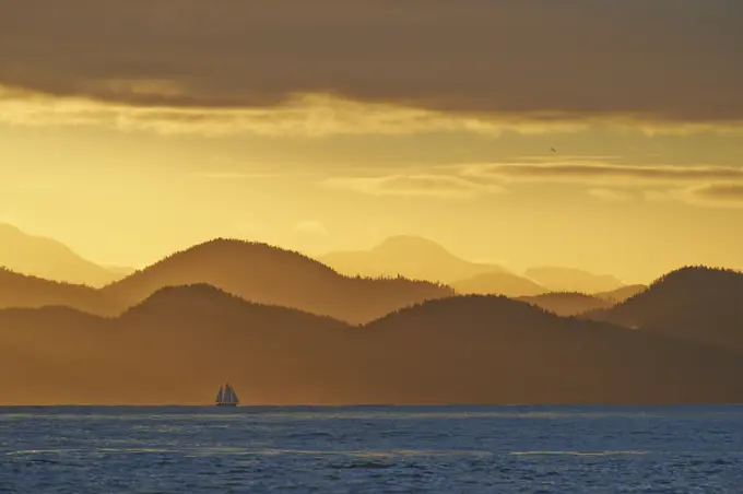 Sailboat at sunrise sailing the Inside Passage, British Columbia, Canada