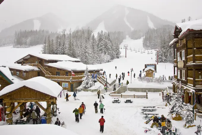 Fernie Alpine Resort base village on snowy day, Fernie, BC, Canada.
