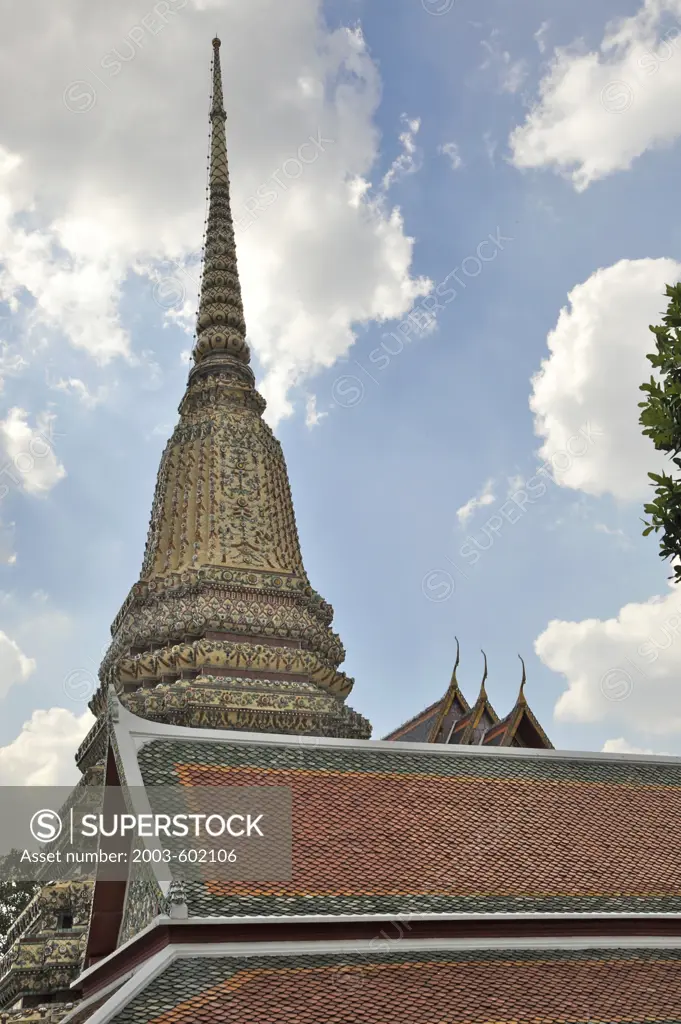 Rooftop of a temple in front of a stupa, Phra Maha Chedi, Wat Pho, Phra Nakhon District, Bangkok, Thailand