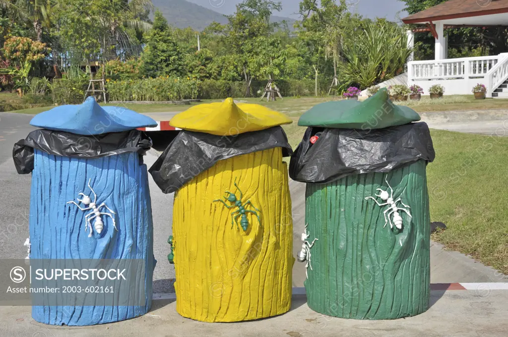 Garbage bins in a row, Royal Pavilion, Chiang Mai, Thailand