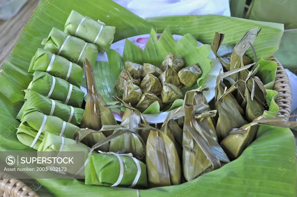 Close-up of Kanom Sai on a banana leaf