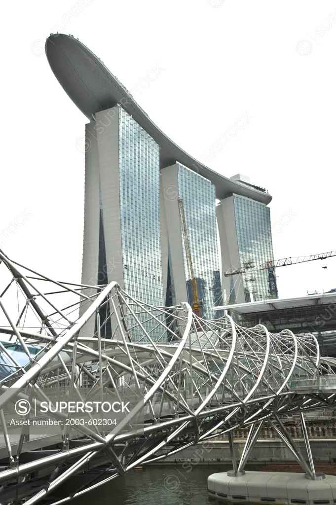 Footbridge with hotels in the background, Helix Bridge, Marina Bay Sands, Marina Bay, Singapore City, Singapore