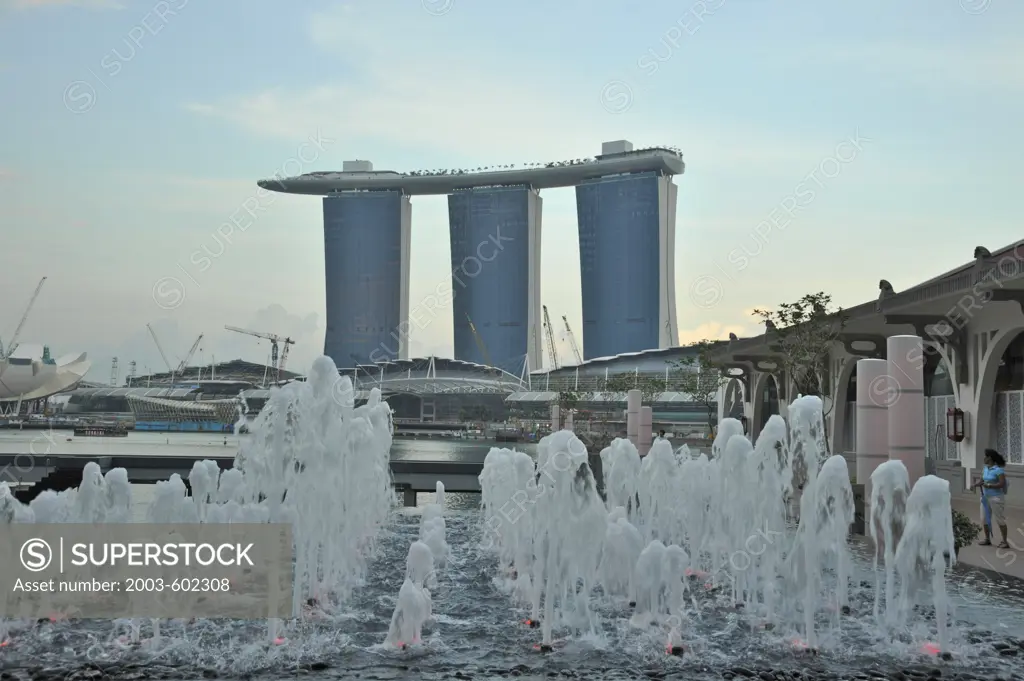 Fountain with hotels in the background, Marina Bay Sands, Marina Bay, Singapore City, Singapore
