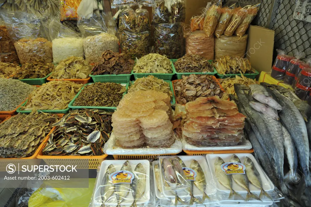 Thailand, Chonburi, Ban Saen, Nongmun, Dried seafood: Dried Cobia (Rachycentron canadus) with sesame seeds, Tuna and Mackerel