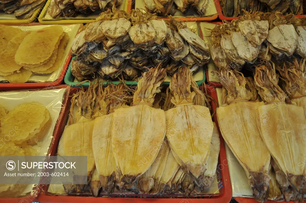 Thailand, Chonburi, Ban Saen, Nongmun, Rolled and dried Squid