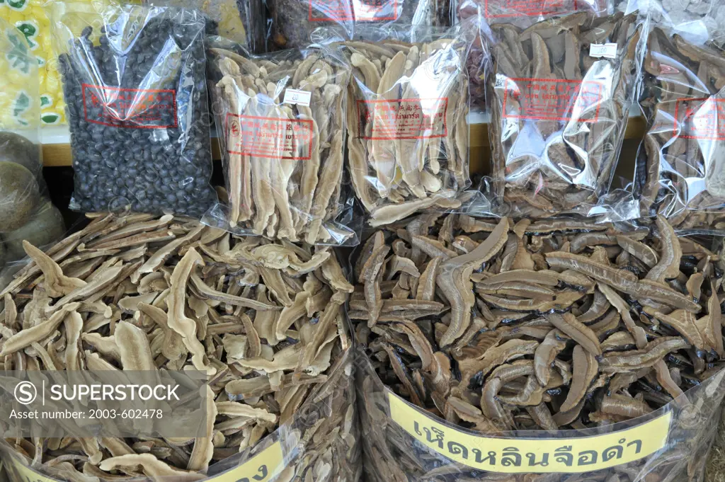 Thailand, Bangkok, Chinatown, Close up of herbs and spices in bags