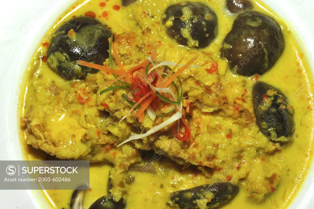Close up of spicy Chicken Curry in Malaysian style with locally grown shiitake mushrooms