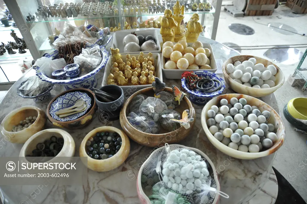 Thailand, Chon Buri, Ban Saen, Close up of craft products on table