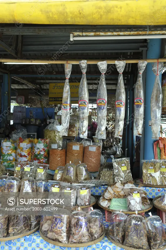 Thailand, Chon Buri, Ban Saen, Nongmun Market, Dried Mackeral and seafood on street market