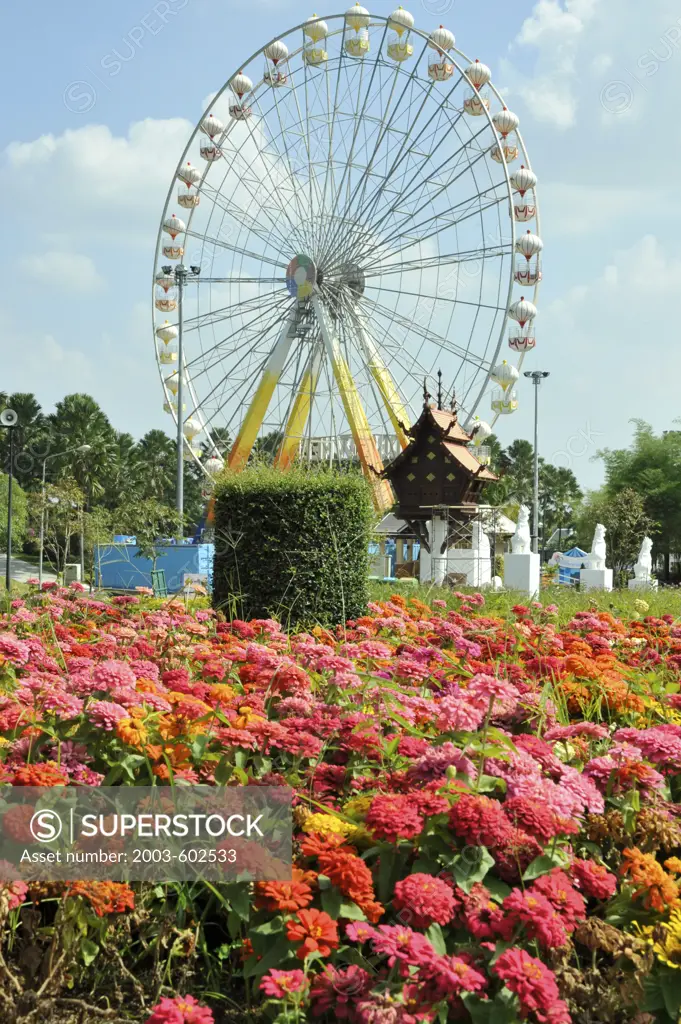 Tall ferris wheel gives visitors excellent view of gardens at Royal Flora Ratchaphruek, Chiang Mai, Thailand