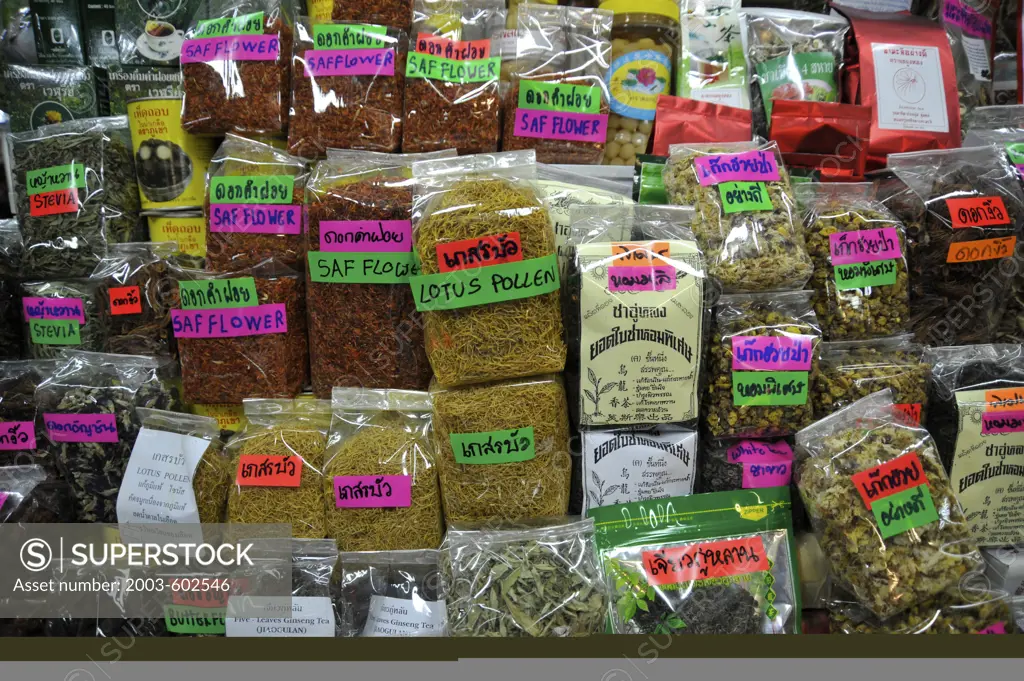 Tea and dried herbs for sale at Warorot Market, Chiang Mai, Thailand