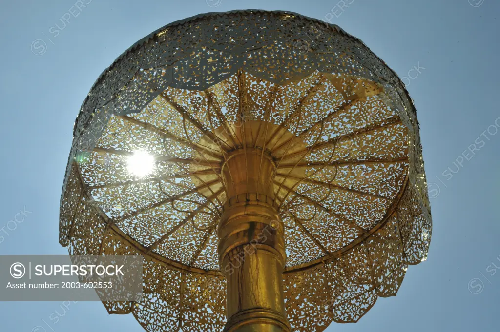 Low angle view of a golden umbrella at Wat Phrathat Doi Suthep, Chiang Mai, Thailand