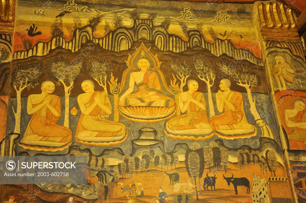 Thailand, Nan, Mural of Buddha and Followers on inside wall of Wat Pumin, Buddhist monastery
