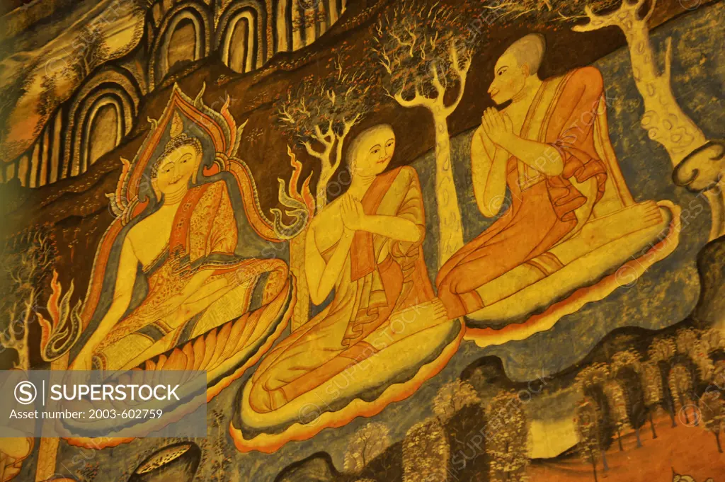 Thailand, Nan, Mural of Buddha and Followers on inside wall of Wat Pumin, Buddhist monastery
