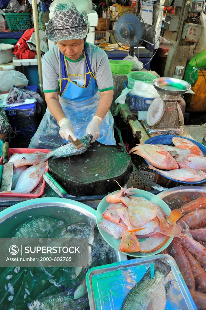 Thailand, Nan, Fish vendor in market