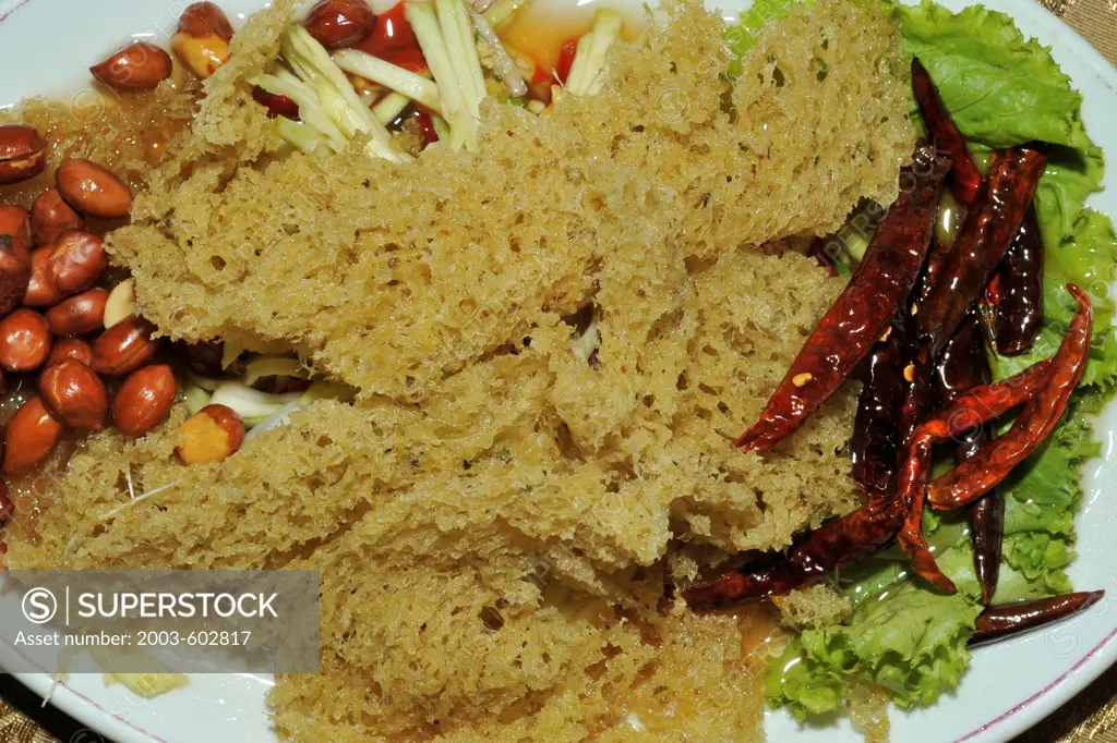 Thailand, Khon kaen, Thai crispy catfish with garnish of hot chiles and peanuts (Pla Duk Foo)