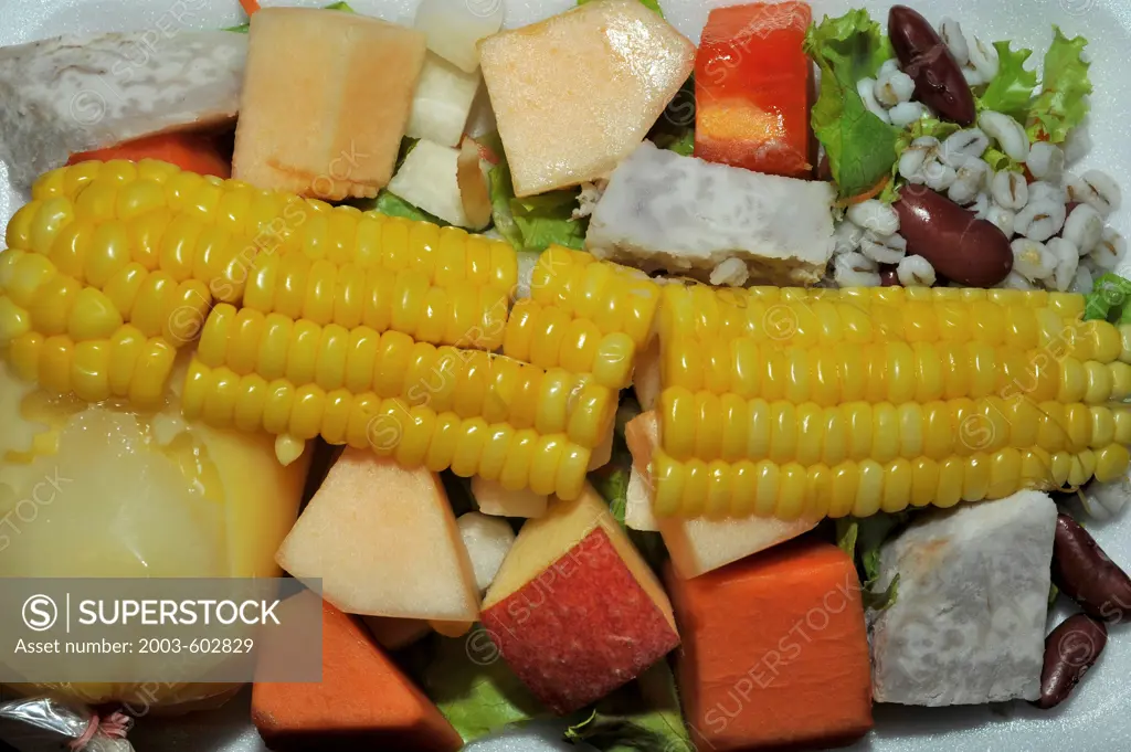 Thailand, Khon kaen, Vegetable and Fruit Thai salad has corn, taro, apple, barley, beans and lettuce