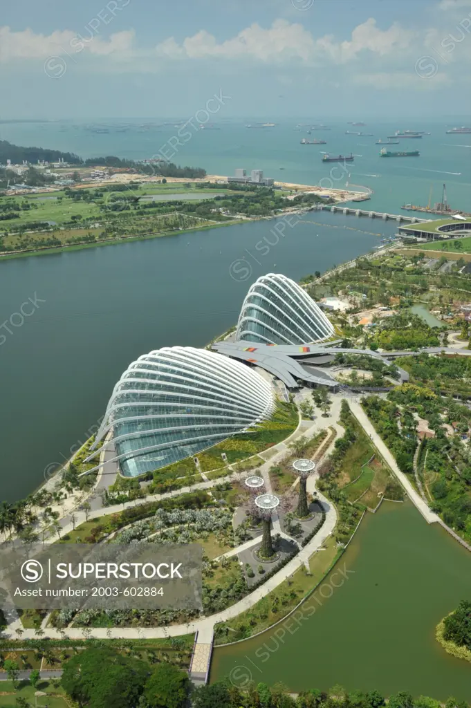 Aerial view of conservatories at Gardens by the Bay, Marina Bay, Singapore