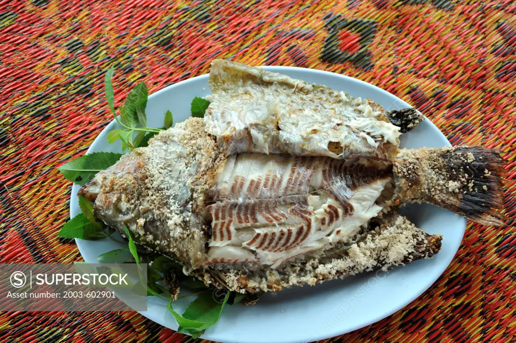 Cooked fish served on a plate, Ubolratana Reservoir, Khon Kaen, Thailand