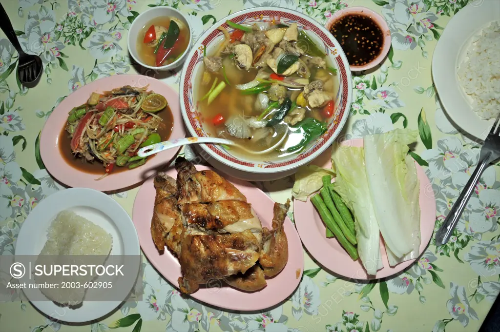 High angle view of Thai food served on a table