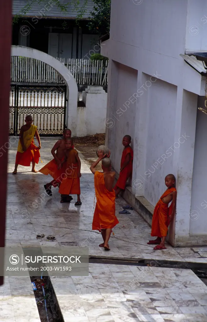 High angle view of a group of monks playing with a ball, Wat Jong Kham, Mae Hong Son, Thailand