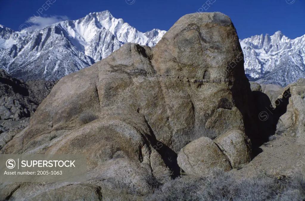 Rock formations on a landscape with mountains in the background, Mount Whitney, Californian Sierra Nevada, California, USA