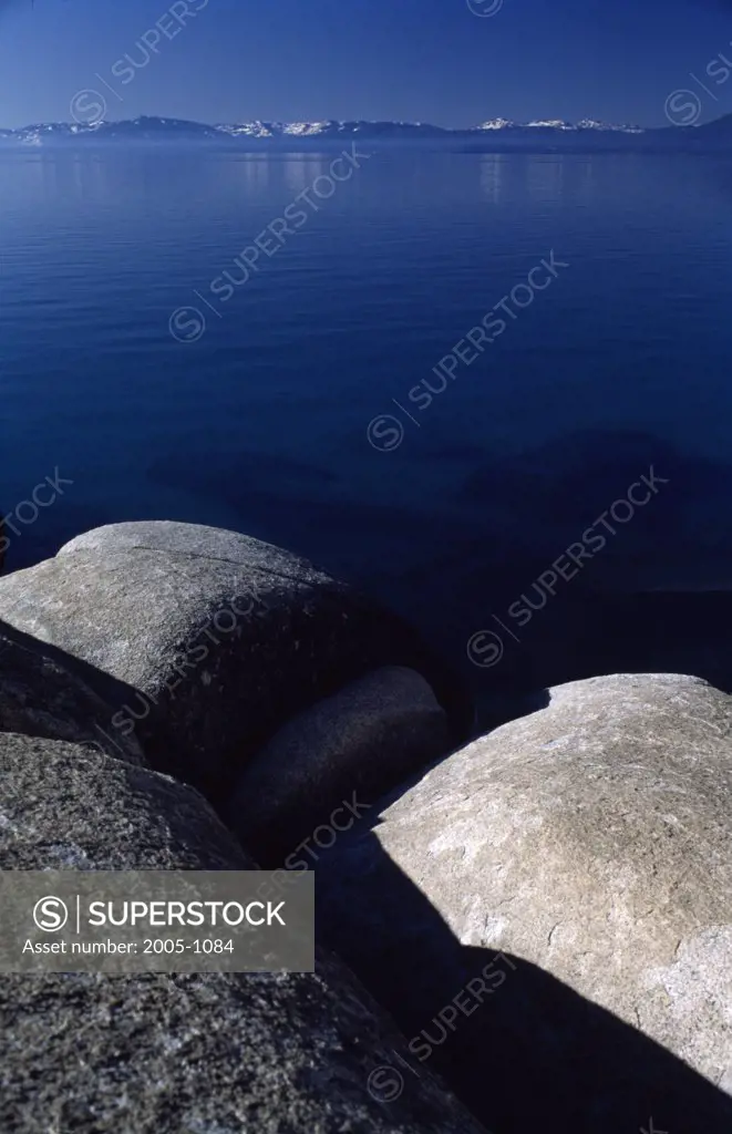 High angle view of rocks at the lakeside, USA