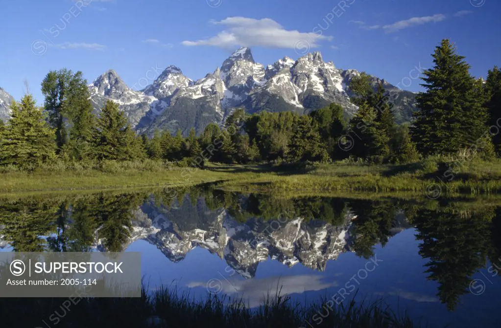 Reflection of mountains in water, Blacktail Pond, Grand Teton National Park, Wyoming, USA