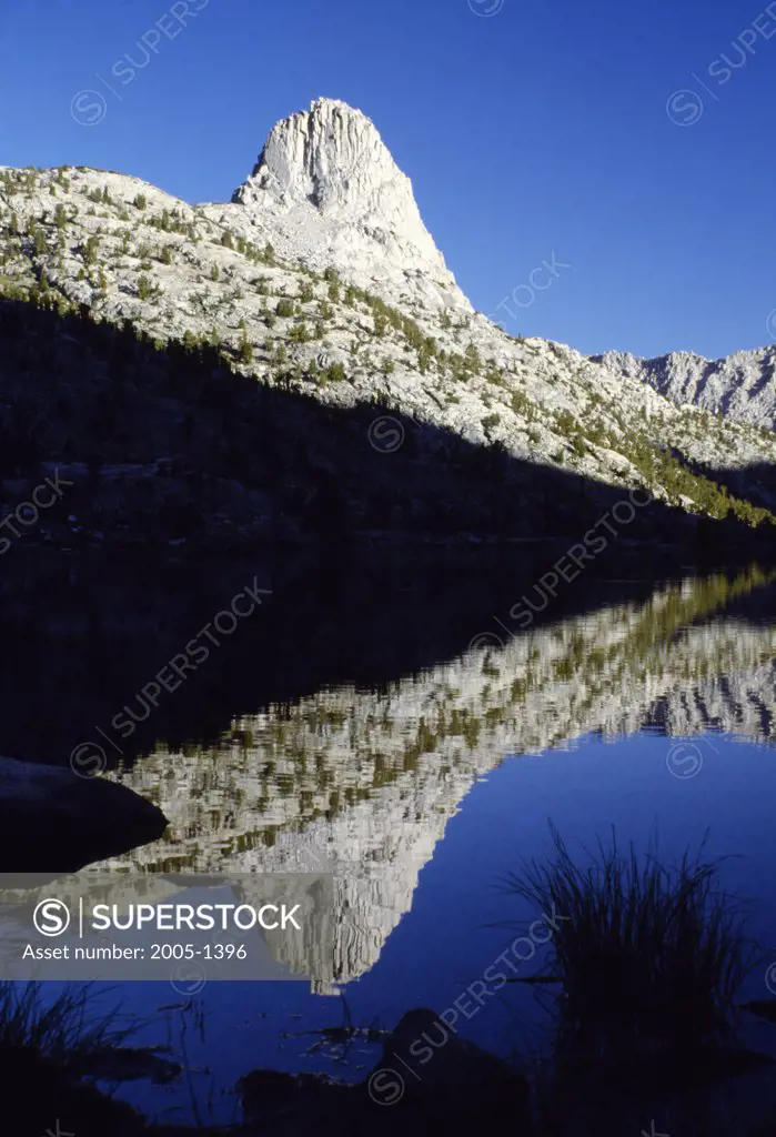 Reflection of a mountain in water, Fin Dome, Rae Lake, Californian Sierra Nevada, California, USA