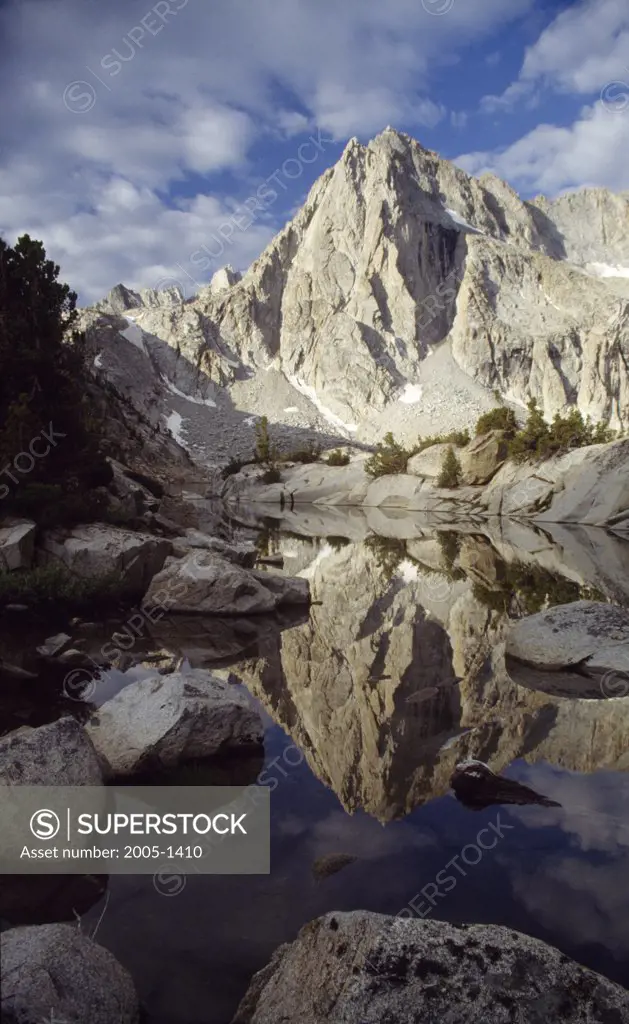 Reflection of a mountain in water, Picture Peak, Hungry Packer Lake, Californian Sierra Nevada, California, USA