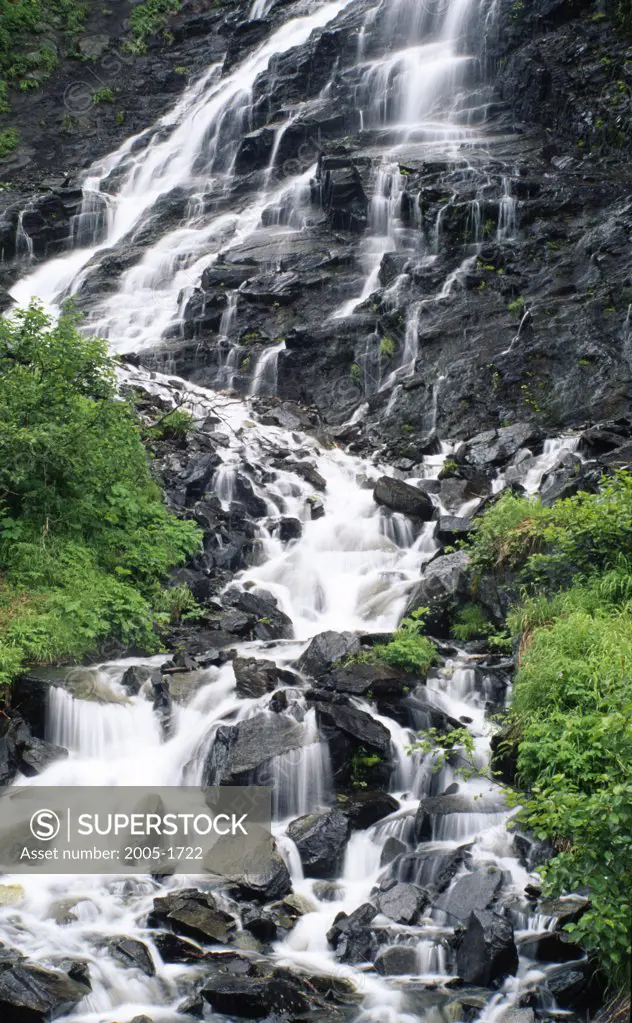 Waterfall in a forest, Horsetail Falls, Chugach National Forest, Alaska, USA
