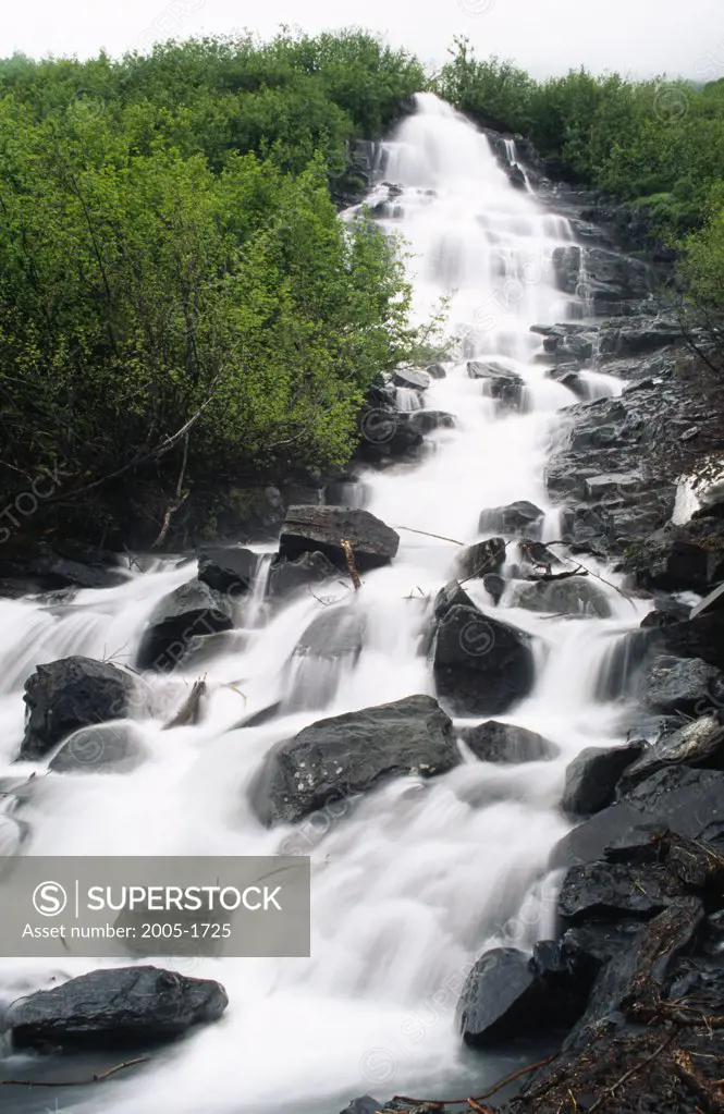 Low angle view of a waterfall, Mineral Creek Canyon, Chugach National Forest, Alaska, USA