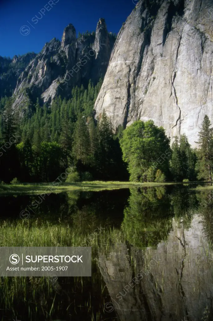 Reflection of trees and rocks in water, Cathedral Rocks, Yosemite National Park, California, USA