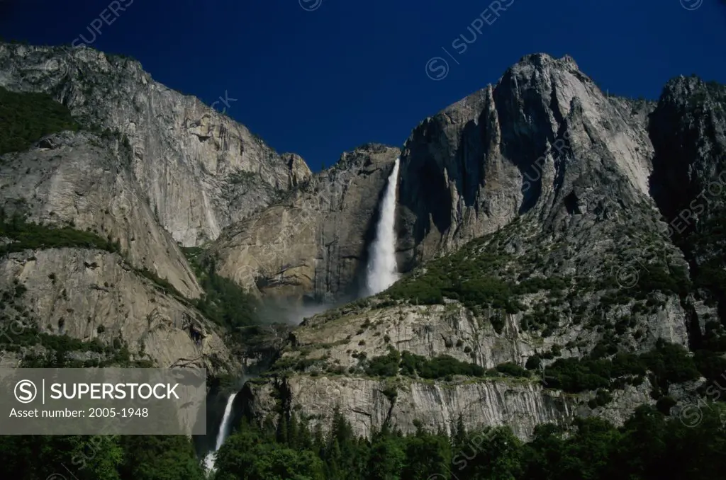 Low angle view of a waterfall, Upper and Lower Yosemite Falls, Yosemite National Park, California, USA