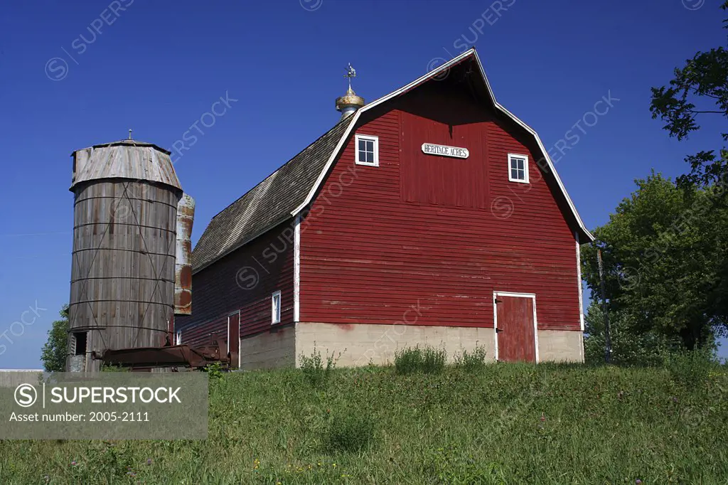 Low angle view of agricultural buildings, Fairmont, Minnesota, USA