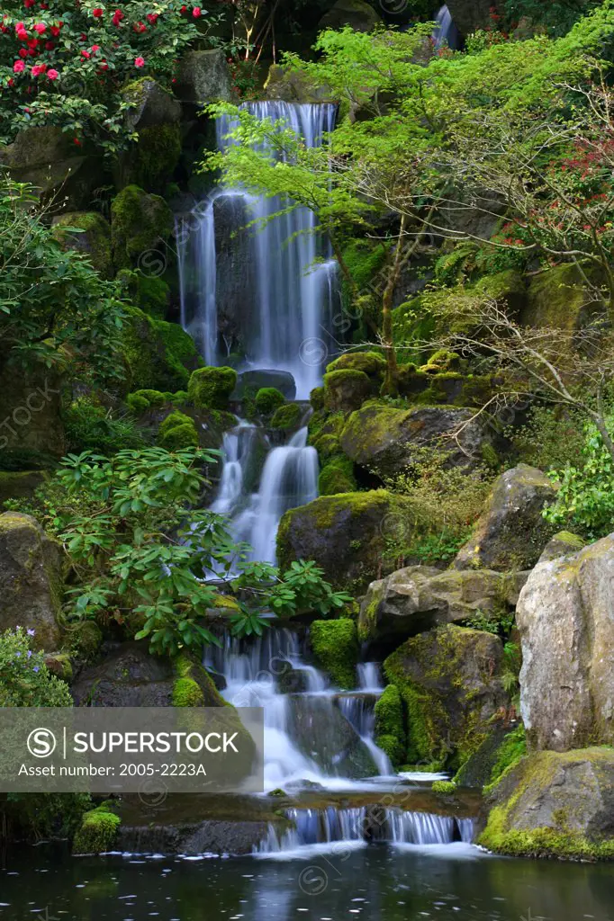 Waterfall in the garden, Japanese Gardens, Portland, Multnomah County, Oregon, USA