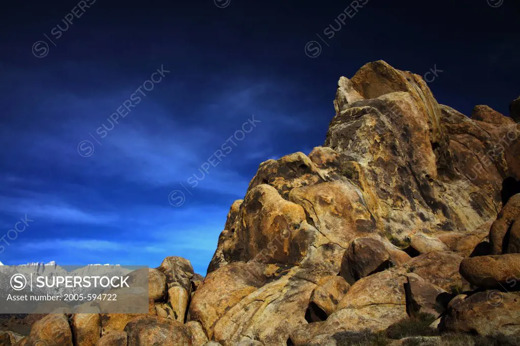 Hills with mountains at sunrise, Alabama Hills, Mt Whitney, Californian Sierra Nevada, California, USA