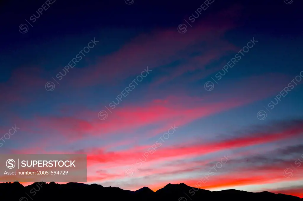 Silhouette of mountains at sunset, Mt Whitney, Californian Sierra Nevada, California, USA