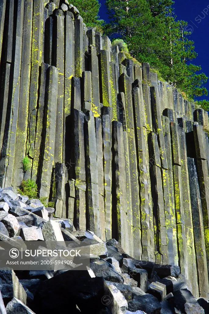 Low angle view of basalt columns, Devils Postpile National Monument, Californian Sierra Nevada, California, USA
