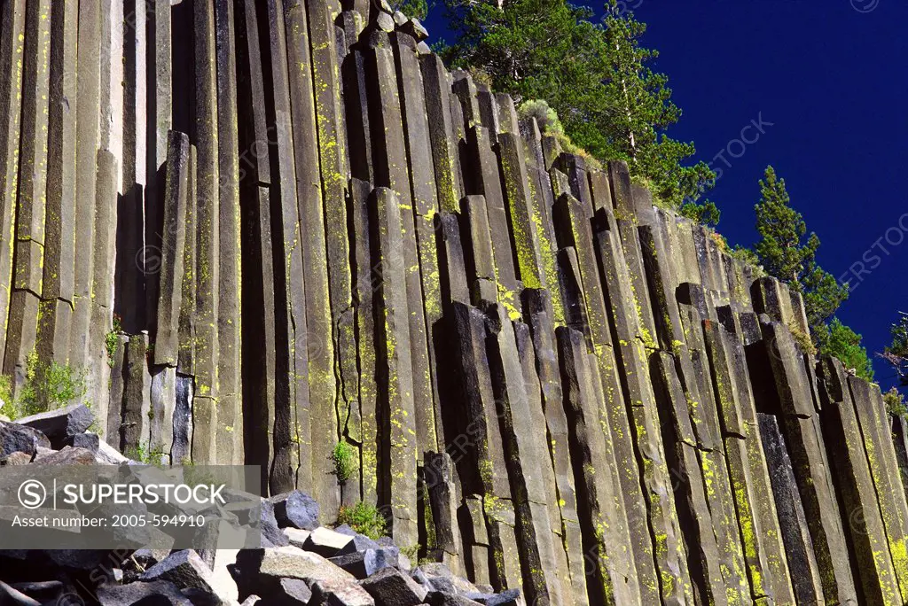 Low angle view of basalt columns, Devils Postpile National Monument, Californian Sierra Nevada, California, USA