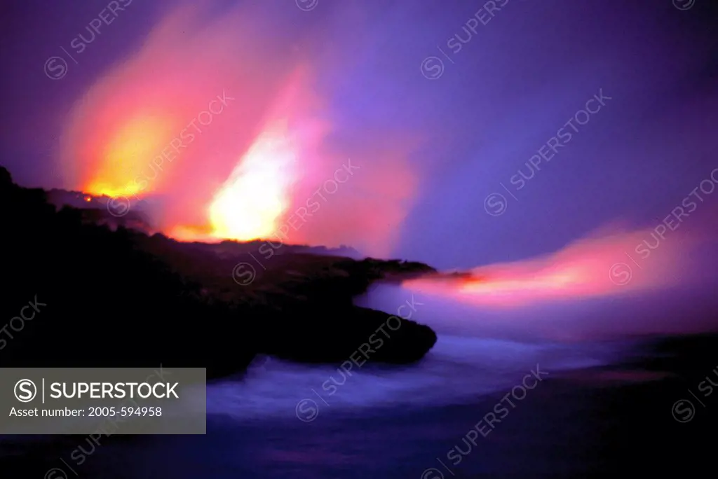Glow from Lava flowing into Ocean, Hawaii Volcanoes National Park, Hawaii