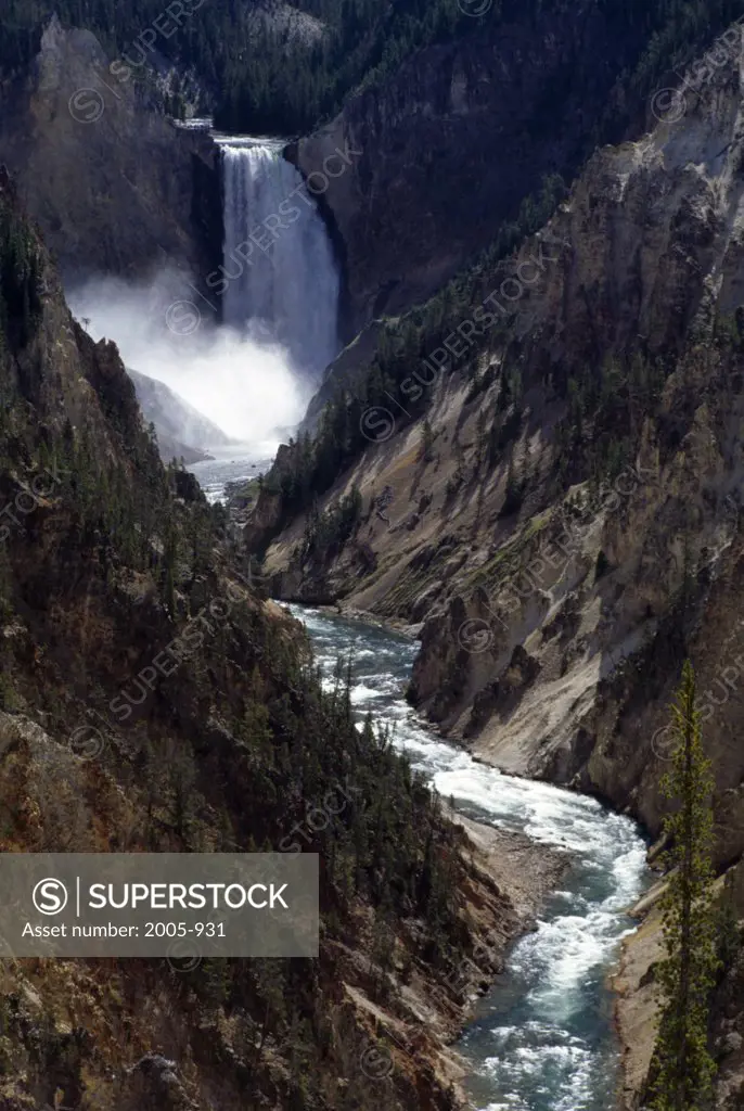 High angle view of a waterfall, Lower Falls, Yellowstone National Park, Wyoming, USA