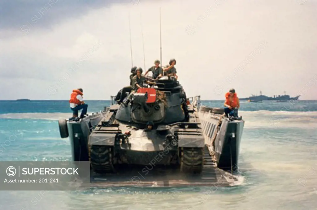Army soldiers on a military tank in the sea, M551 Sheridan
