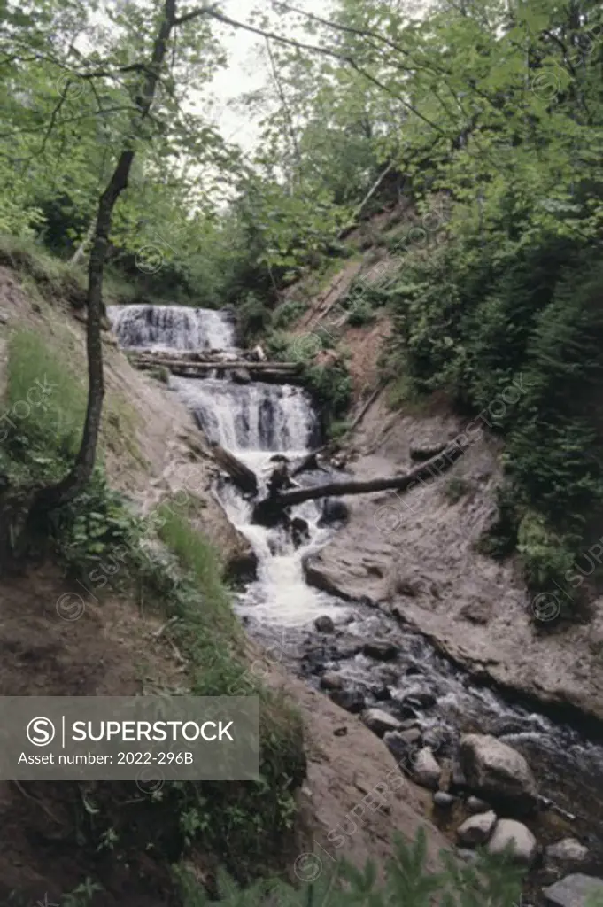 Waterfall flowing, Pictured Rocks National Lakeshore, Michigan, USA