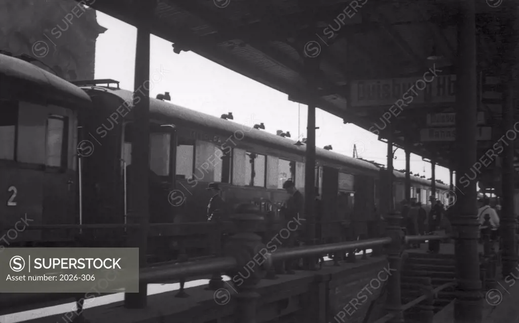 Train at a railway station, Duisburg, Germany, 1939