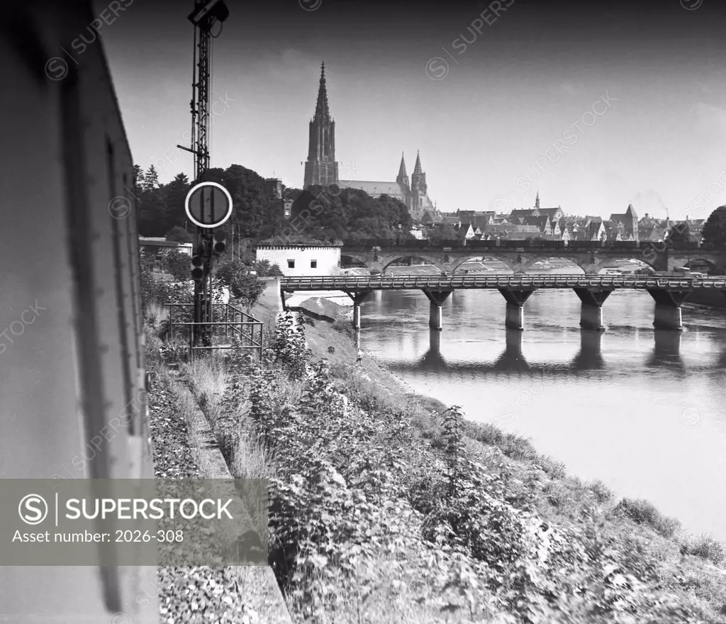 Train approaching a bridge, Ulm, Germany, 1939