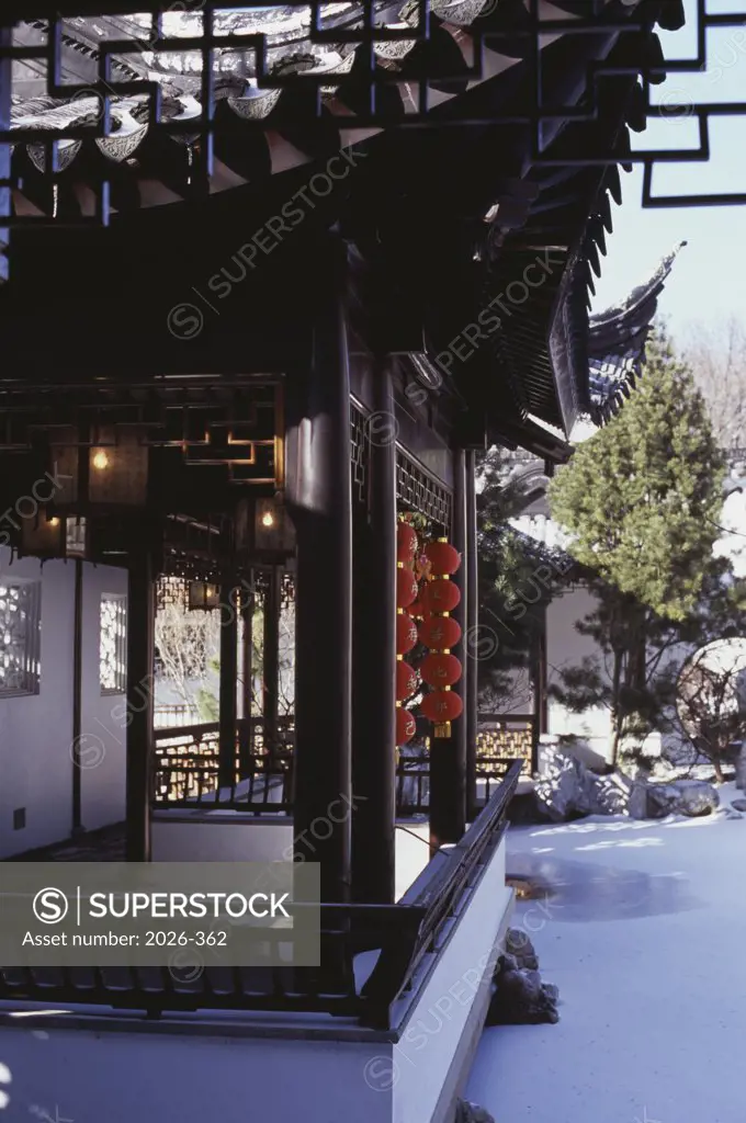 Porch decorated with Chinese lanterns, Chinese Scholars Garden, Staten Island, New York City, New York, USA
