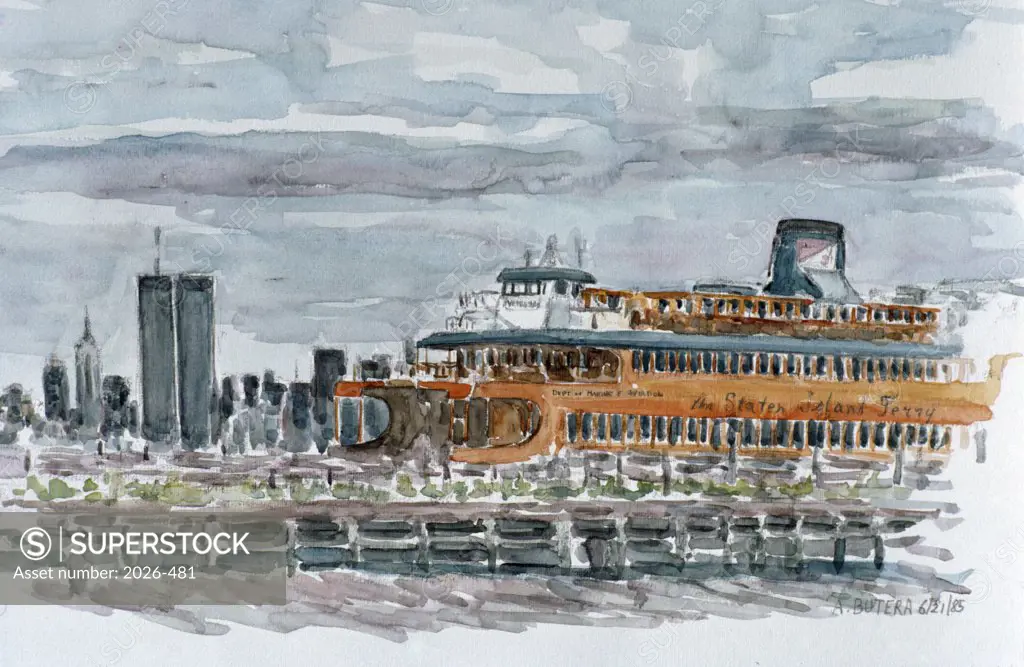 Ferry with World Trade Center in the Background, Anthony Butera, (b.20th C.), Watercolor